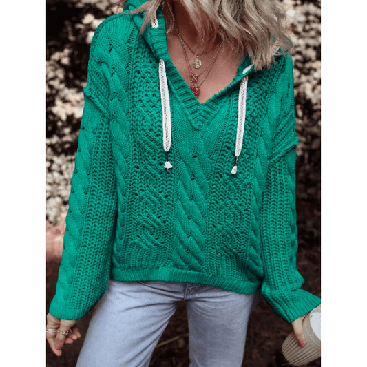 Alice Sea Green Cable Knit V Neck Contrast Drawstring Hooded Sweater