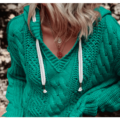 Alice Sea Green Cable Knit V Neck Contrast Drawstring Hooded Sweater