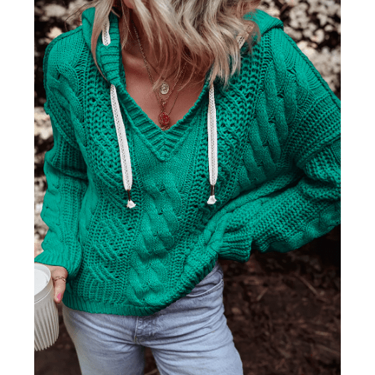 Alice Sea Green Cable Knit V Neck Contrast Drawstring Hooded Sweater