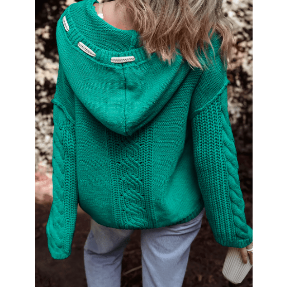 Alice Sea Green Cable Knit V Neck Contrast Drawstring Hooded Sweater