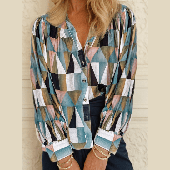 REDUCED!!!  Nance Green Geometric Print Buttoned Balloon Sleeve Loose Fit Shirt  REDUCED!!!