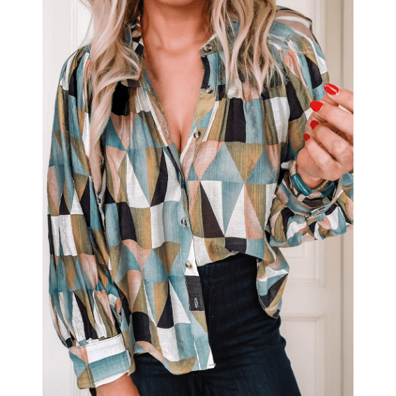 REDUCED!!!  Nance Green Geometric Print Buttoned Balloon Sleeve Loose Fit Shirt  REDUCED!!!