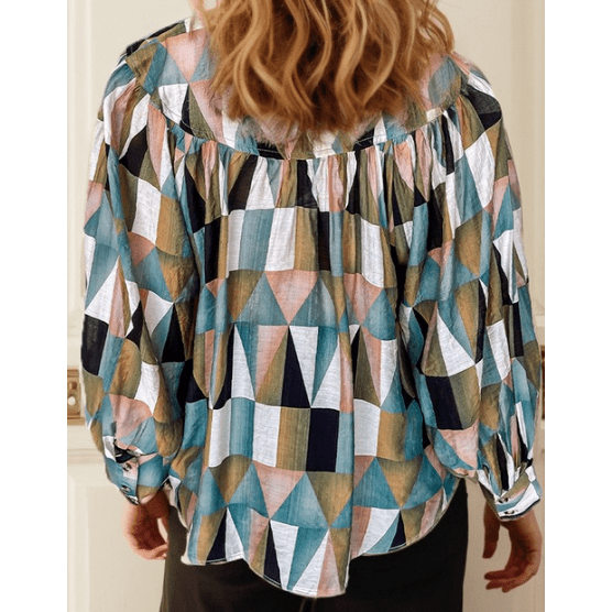 REDUCED!!!  Nance Green Geometric Print Buttoned Balloon Sleeve Loose Fit Shirt  REDUCED!!!