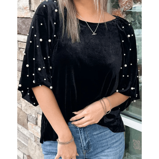 SALE!!!  Reese Black Pearl Beaded Half Sleeve Velvet Top