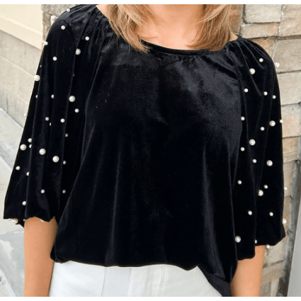 SALE!!!  Reese Black Pearl Beaded Half Sleeve Velvet Top