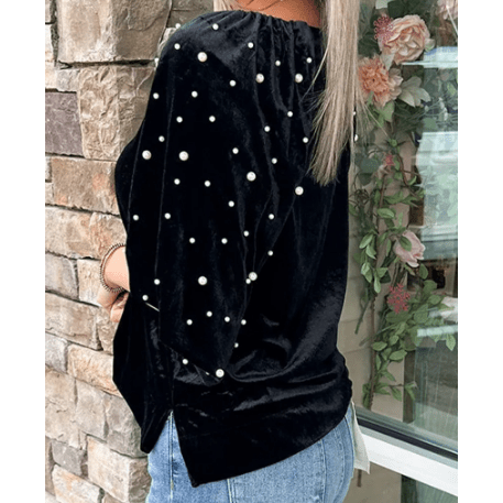SALE!!!  Reese Black Pearl Beaded Half Sleeve Velvet Top