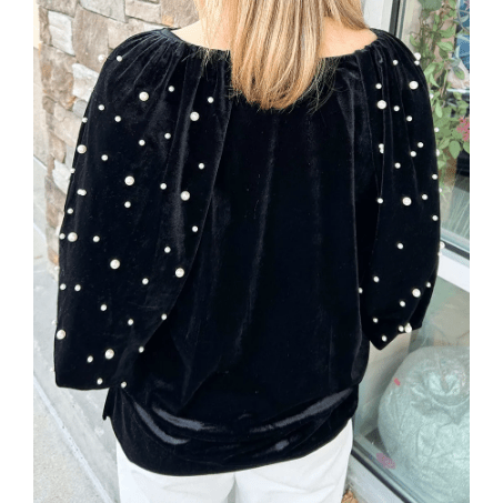 SALE!!!  Reese Black Pearl Beaded Half Sleeve Velvet Top