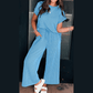 Janece Blue Corded Knit Short Sleeve T Shirt and Wide Leg Pants Set