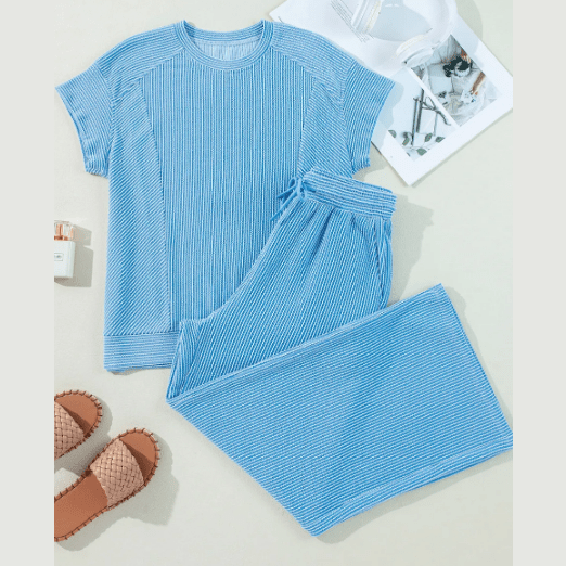 Janece Blue Corded Knit Short Sleeve T Shirt and Wide Leg Pants Set