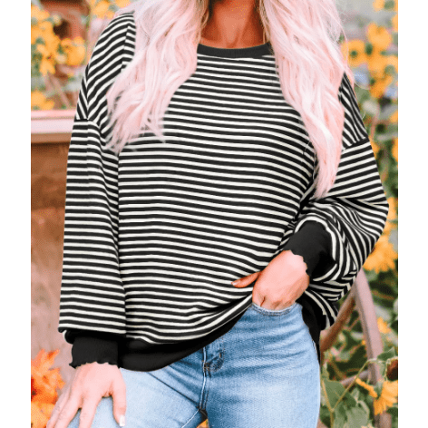 Carina Black Stripe Loose Drop Shoulder Long Sleeve Top