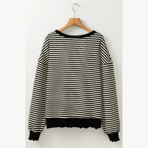 Carina Black Stripe Loose Drop Shoulder Long Sleeve Top