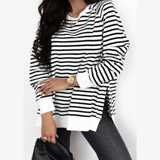 REDUCED!!!  Udelle Black Stripe Raglan Sleeve Side Slits Loose Sweatshirt  REDUCED!!!