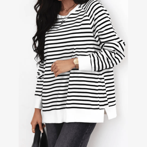 REDUCED!!!  Udelle Black Stripe Raglan Sleeve Side Slits Loose Sweatshirt  REDUCED!!!