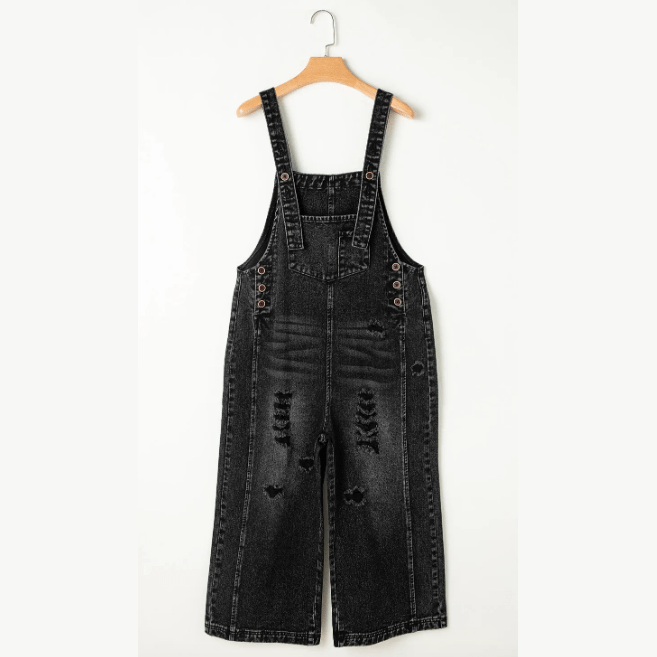 Mackie Black Distressed Bib Pocket Wide Leg Denim Overall