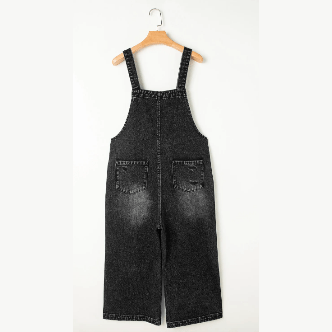 Mackie Black Distressed Bib Pocket Wide Leg Denim Overall