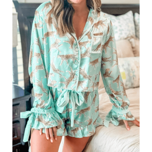 Glennette Green Leopard Satin Ruffle Pajama Short Set