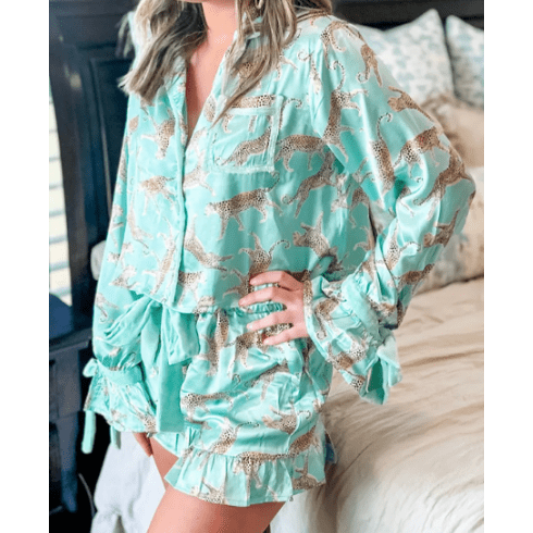 Glennette Green Leopard Satin Ruffle Pajama Short Set