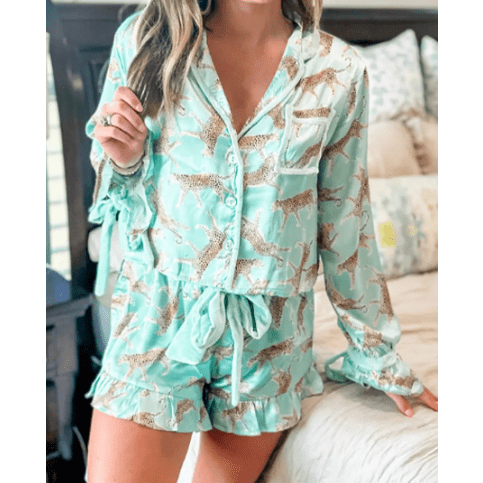 Glennette Green Leopard Satin Ruffle Pajama Short Set