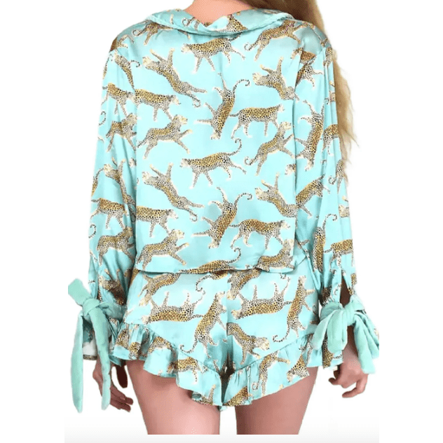 Glennette Green Leopard Satin Ruffle Pajama Short Set