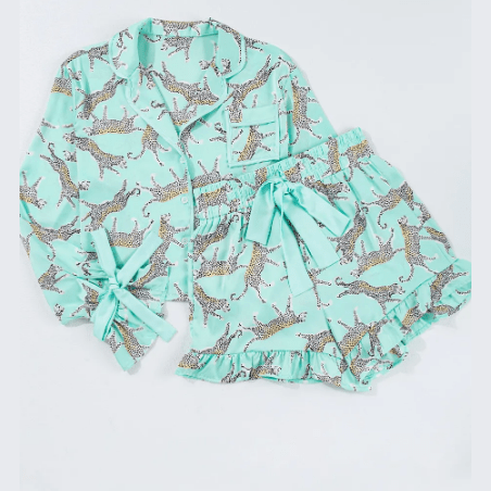 Glennette Green Leopard Satin Ruffle Pajama Short Set