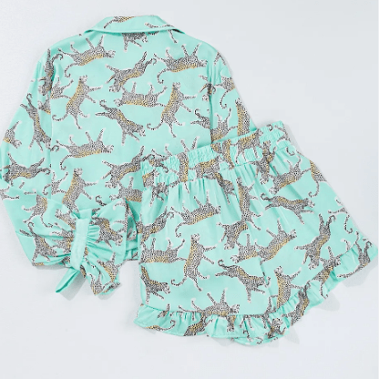 Glennette Green Leopard Satin Ruffle Pajama Short Set