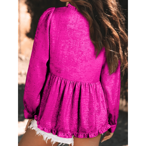 Ellie Mae Hot Pink Metallic Frilled V Neck Puff Sleeve Babydoll Blouse