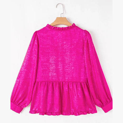 Ellie Mae Hot Pink Metallic Frilled V Neck Puff Sleeve Babydoll Blouse