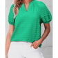 Bessie Bright Green Textured Puff Short Sleeve Notched V Neck Top