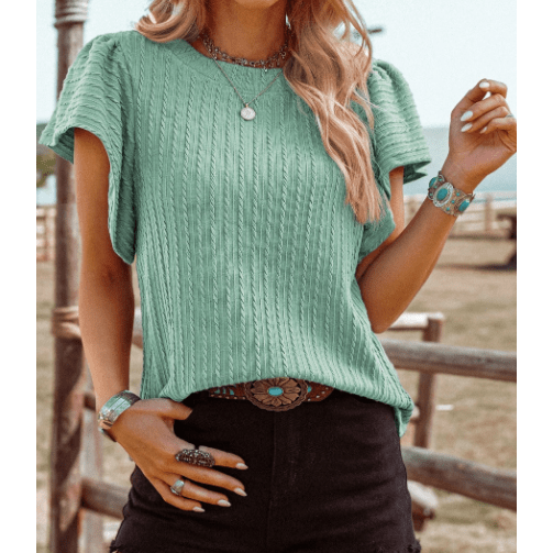 Arissa Moonlit Jade Textured Flutter Sleeve Top