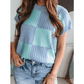 Jolynne Blue Checkered Color Block Crew Neck Short Sleeve Sweater