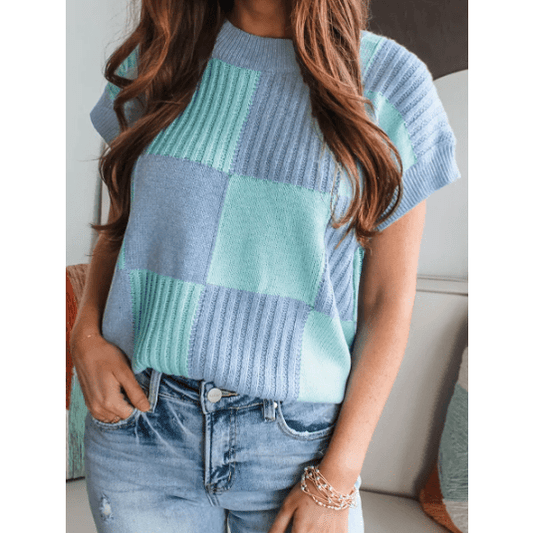 Jolynne Blue Checkered Color Block Crew Neck Short Sleeve Sweater