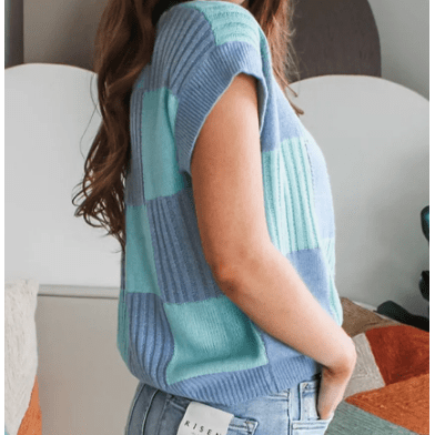 Jolynne Blue Checkered Color Block Crew Neck Short Sleeve Sweater