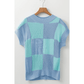 Jolynne Blue Checkered Color Block Crew Neck Short Sleeve Sweater