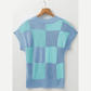 Jolynne Blue Checkered Color Block Crew Neck Short Sleeve Sweater