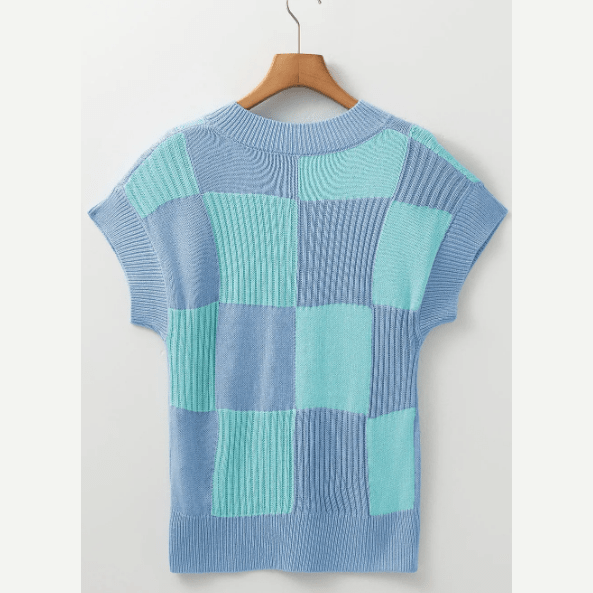 Jolynne Blue Checkered Color Block Crew Neck Short Sleeve Sweater