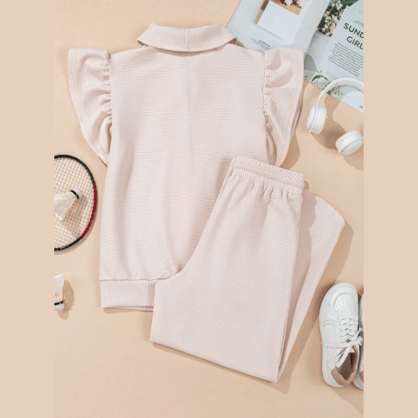 SALE!!!  Melinda Apricot Textured Ruffled Sleeve Zipped Top and Wide Leg Pants Set