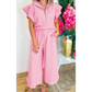 Melinda Pink Textured Ruffled Sleeve Zipped Top and Wide Leg Pants Set