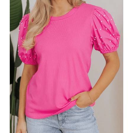 Delaney Bright Pink Ribbed Pearl Beaded Puff Sleeve Top