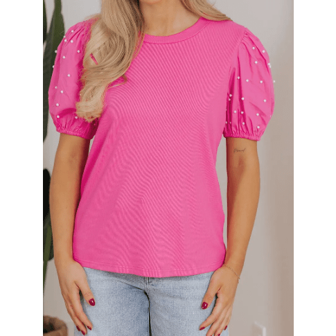 Delaney Bright Pink Ribbed Pearl Beaded Puff Sleeve Top