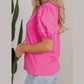 Delaney Bright Pink Ribbed Pearl Beaded Puff Sleeve Top