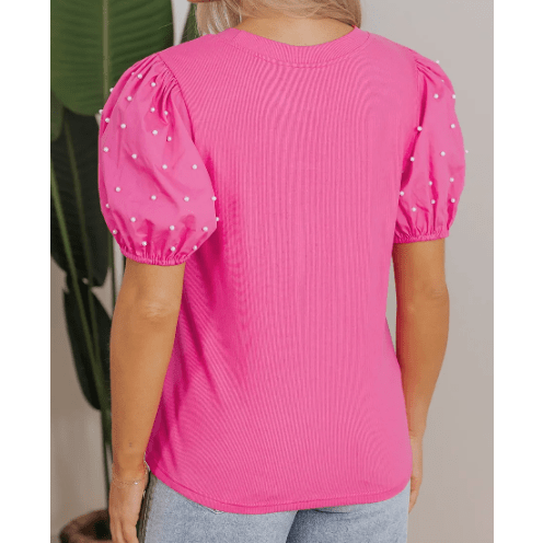Delaney Bright Pink Ribbed Pearl Beaded Puff Sleeve Top