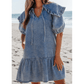 REDUCED!!!  Kathleen Dusk Blue Ruffled Collared Side Pockets Puff Sleeve Denim Mini Dress  REDUCED!!!
