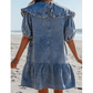 REDUCED!!!  Kathleen Dusk Blue Ruffled Collared Side Pockets Puff Sleeve Denim Mini Dress  REDUCED!!!