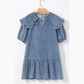 REDUCED!!!  Kathleen Dusk Blue Ruffled Collared Side Pockets Puff Sleeve Denim Mini Dress  REDUCED!!!