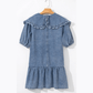 REDUCED!!!  Kathleen Dusk Blue Ruffled Collared Side Pockets Puff Sleeve Denim Mini Dress  REDUCED!!!
