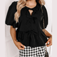 REDUCED!!!  Orsie Black Puff Sleeve Bowknot Front Peplum Blouse  REDUCED!!!