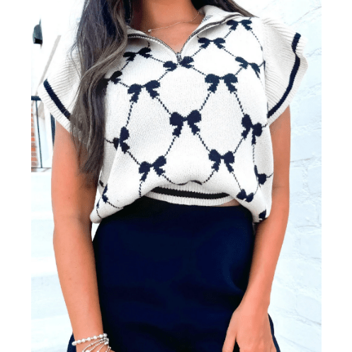 Chandler White Preppy Vibes Bow Print Zipped Collar Sweater Tee