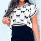 Chandler White Preppy Vibes Bow Print Zipped Collar Sweater Tee