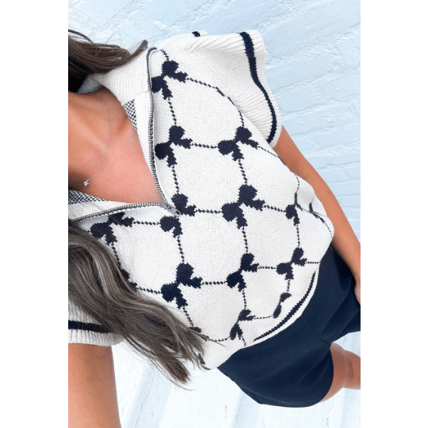 Chandler White Preppy Vibes Bow Print Zipped Collar Sweater Tee
