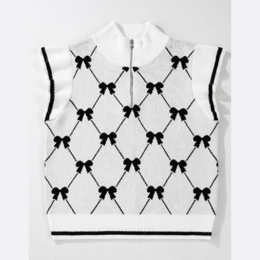 Chandler White Preppy Vibes Bow Print Zipped Collar Sweater Tee